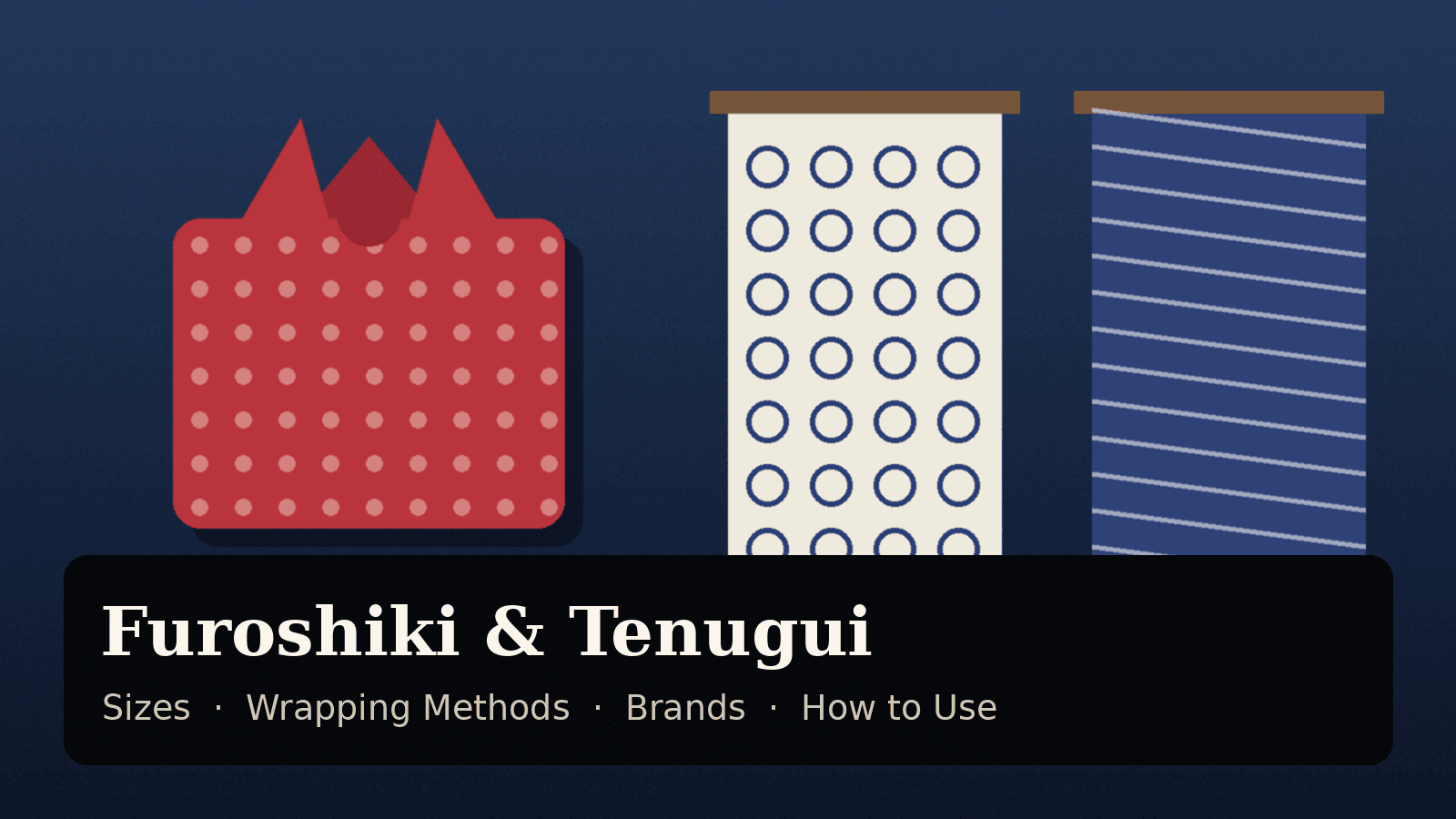 Illustration of a red polka-dot furoshiki tied around a box next to two hanging tenugui cloths, one white with indigo circles and one indigo striped