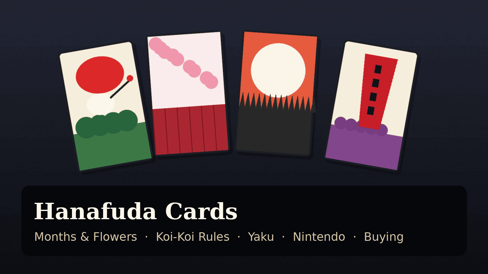 Illustration of four Japanese hanafuda flower cards: the pine and crane with a red sun, the cherry blossom curtain, the full moon over pampas grass, and a red poem ribbon card