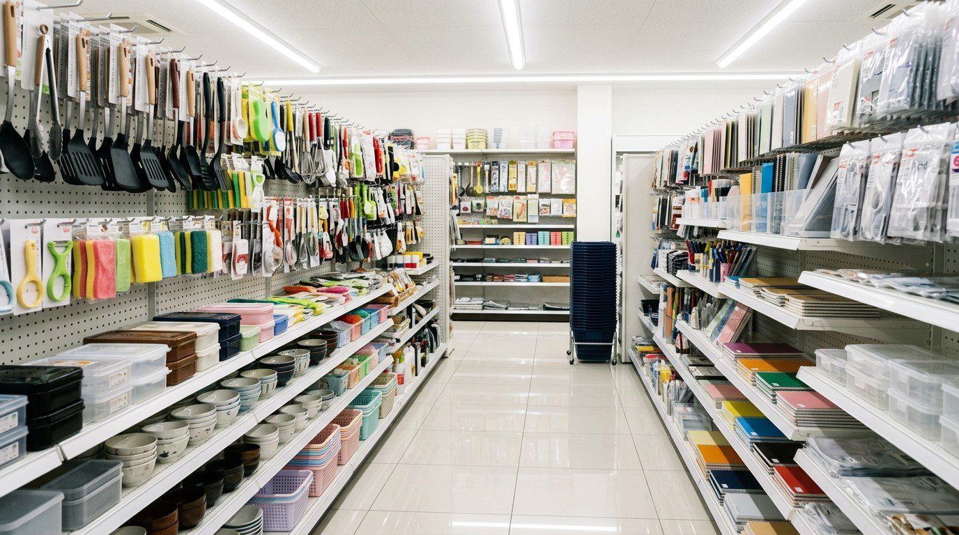 Daiso online shopping guide cover: a bright Japanese 100-yen store aisle of kitchen tools, storage boxes and stationery