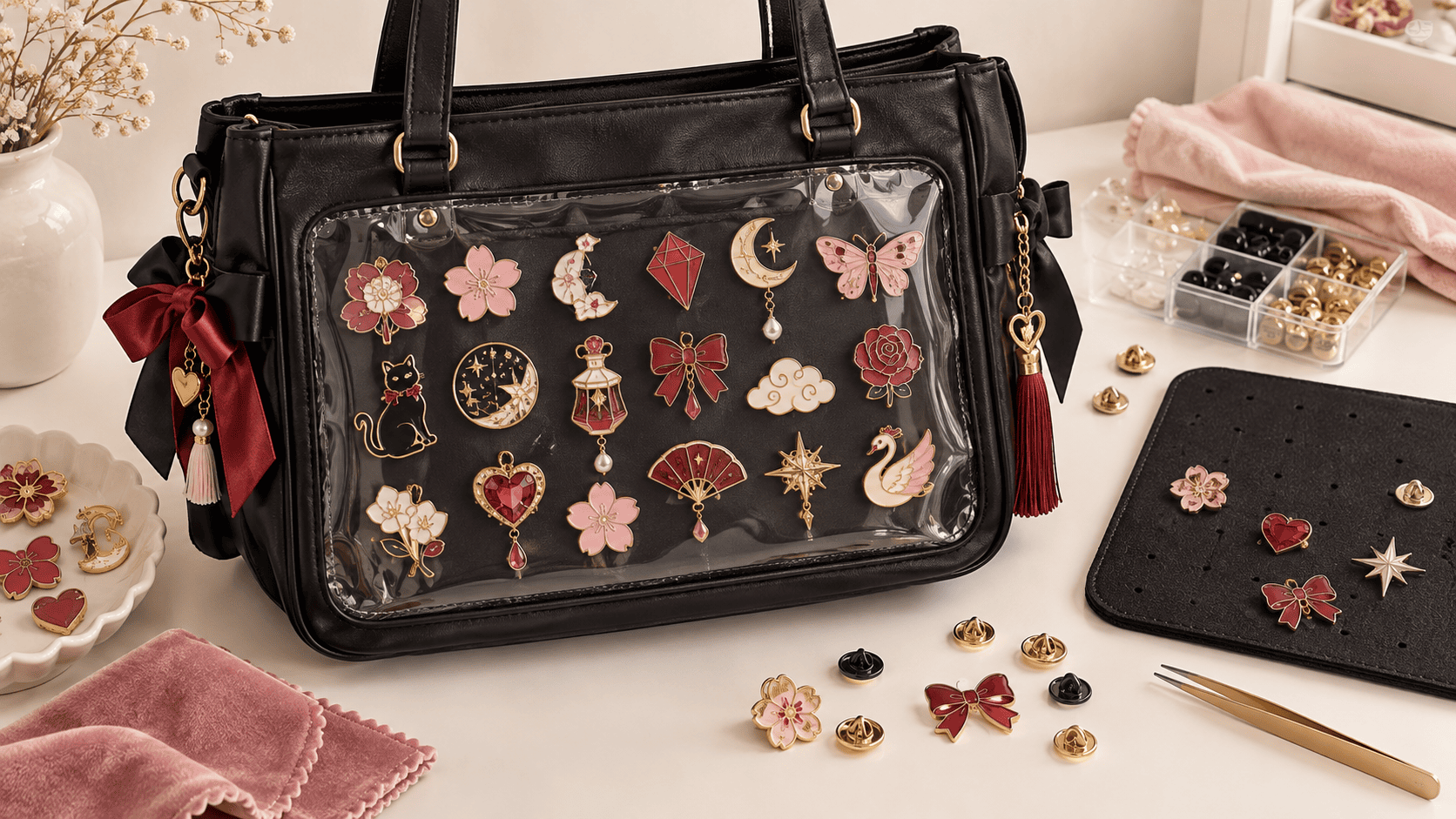 Black ita bag with a transparent window, coordinated generic pins and a removable insert