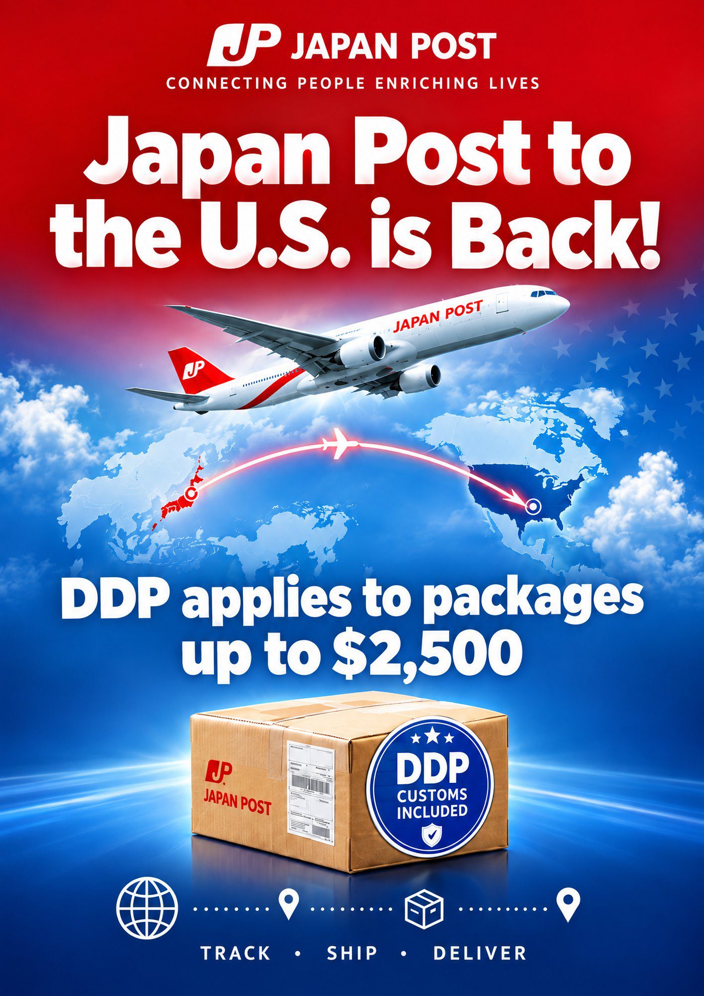 Japan Post shipping to the US is back poster: DDP applies to packages up to USD 2,500