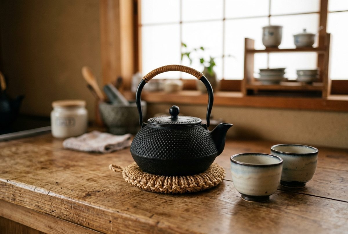 Black hobnail cast iron tetsubin kettle on a woven trivet with small teacups on a wooden counter