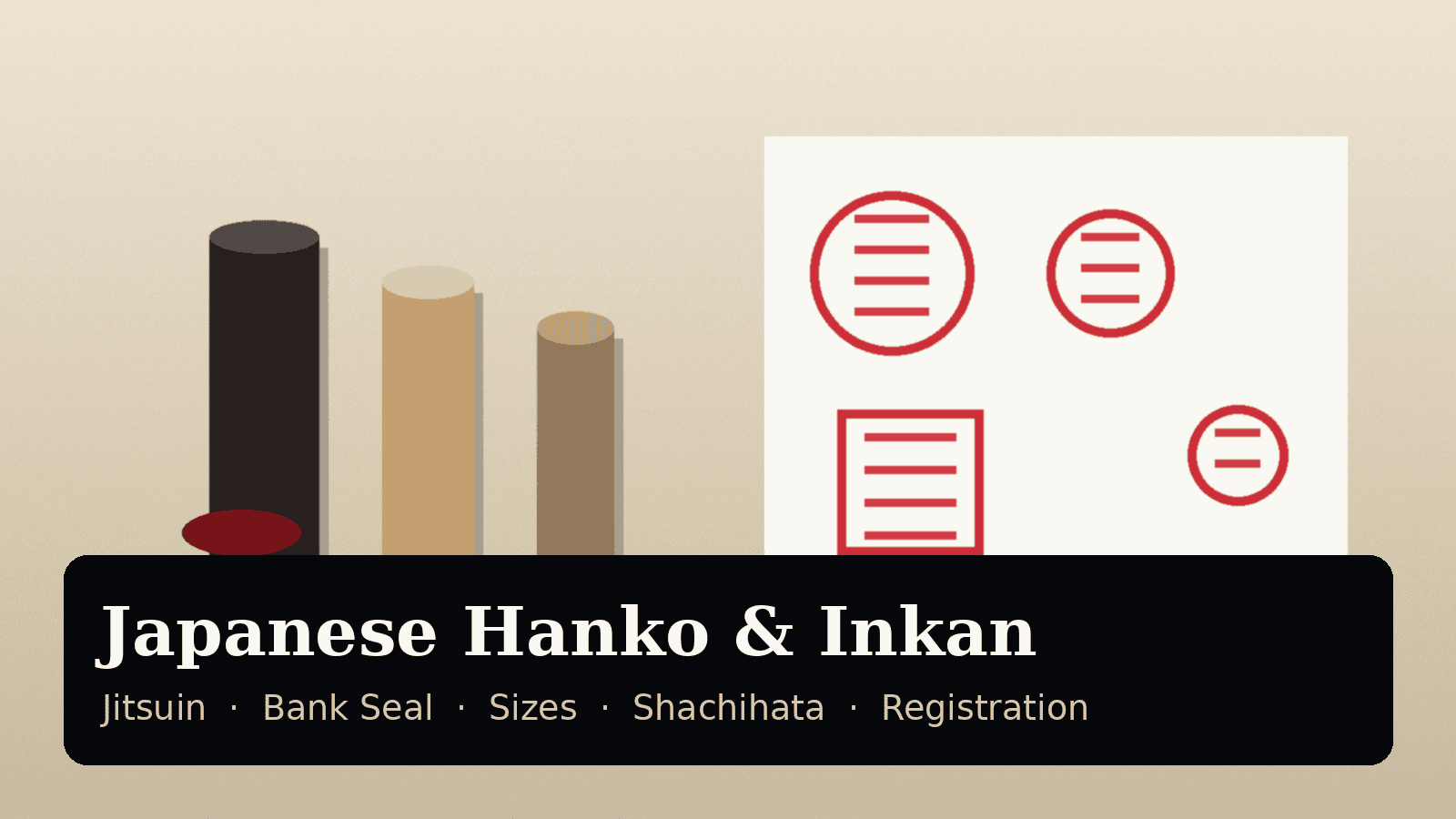 Illustration of three Japanese hanko seals of different sizes beside a red shuniku pad and a sheet of paper with round and square red seal impressions