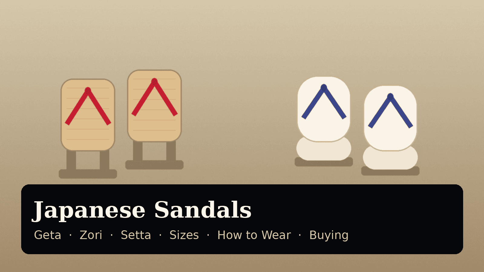 Illustration of Japanese sandals: a pair of wooden two-tooth geta with red hanao straps and a pair of white zori with navy hanao straps