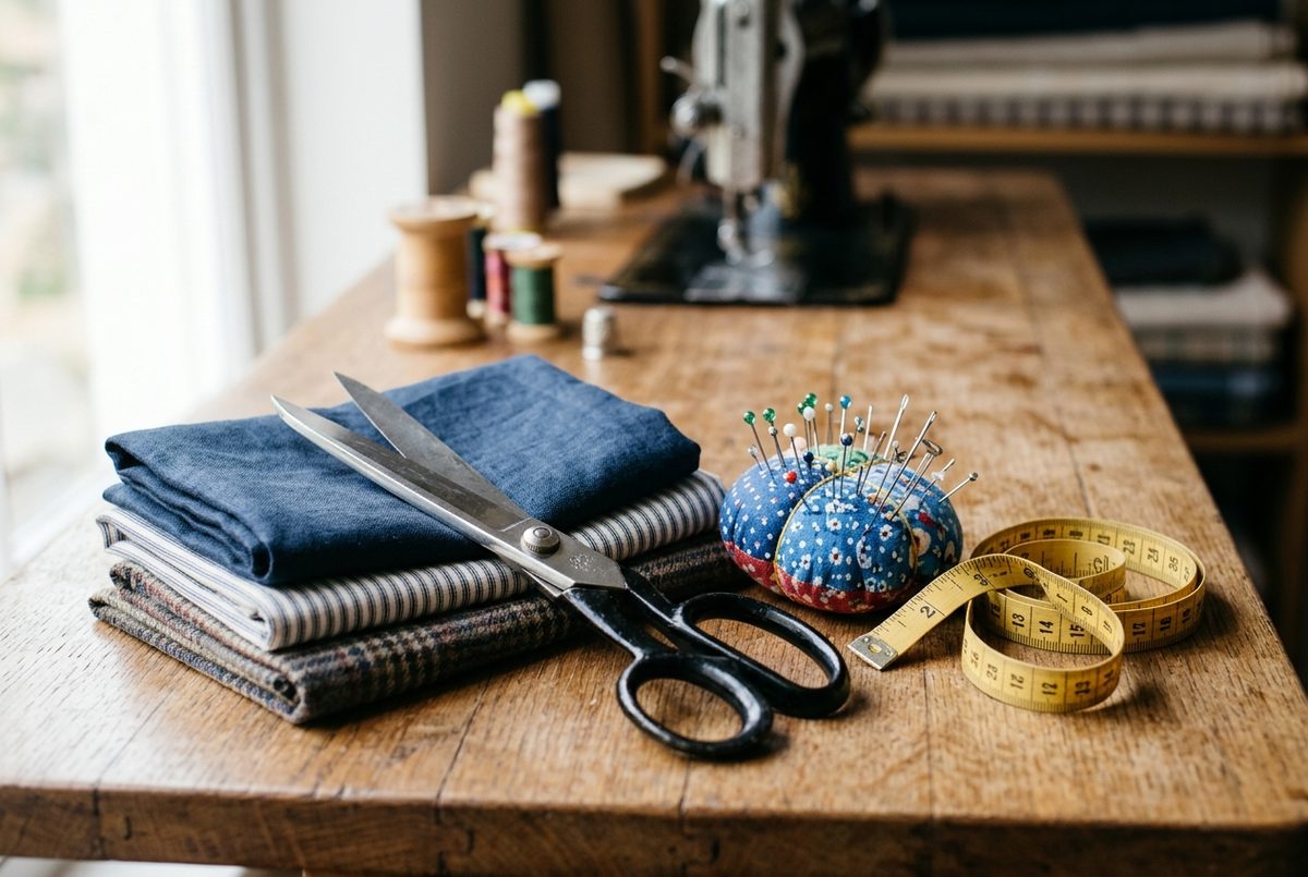 Long steel tailoring scissors with black handles on a sewing table beside fabric and a tape measure