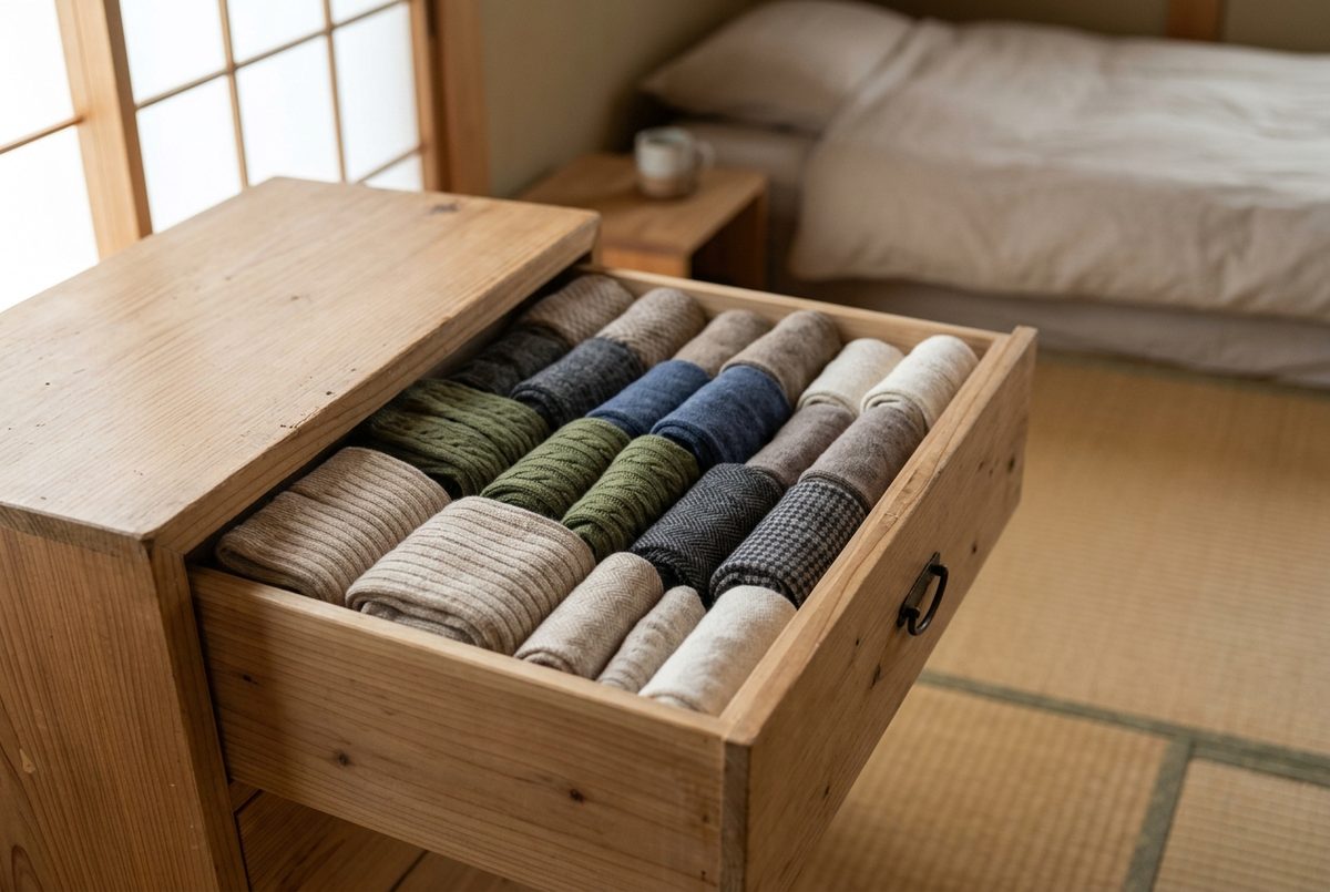 Neatly folded patterned and ribbed cotton socks in an open wooden drawer in a Japanese bedroom