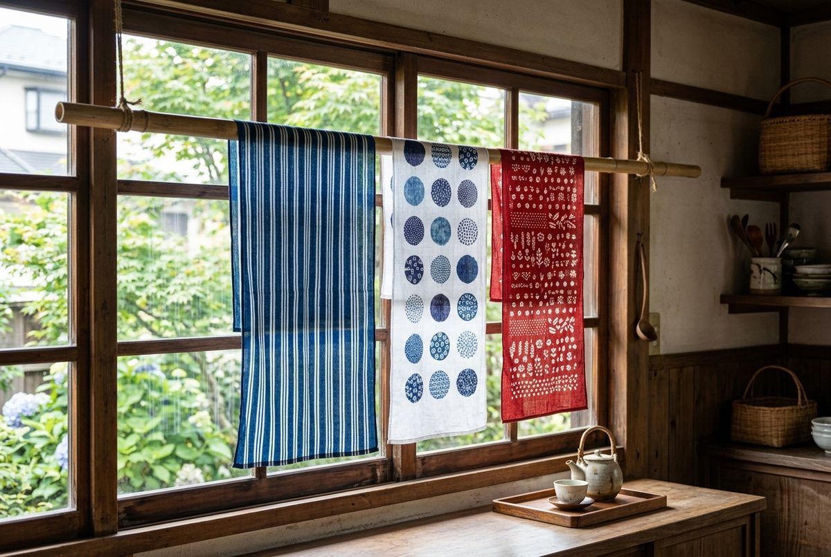 Three printed cotton tenugui towels hanging from a bamboo pole by a window in a Japanese kitchen