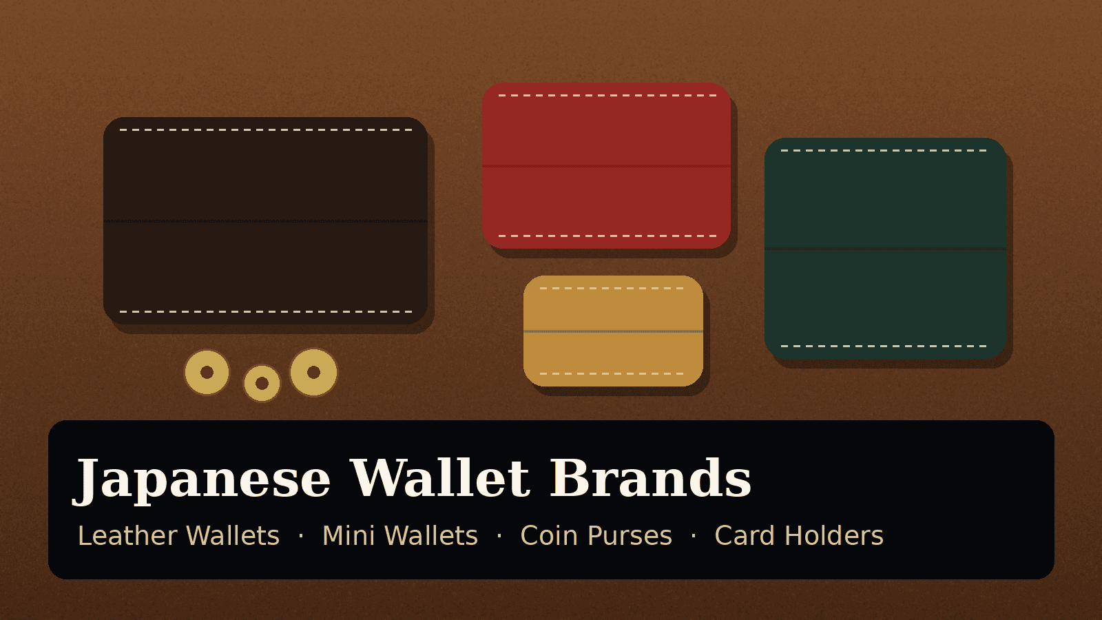 Illustration of stitched leather wallets, a card case and yen coins on a tan leather background