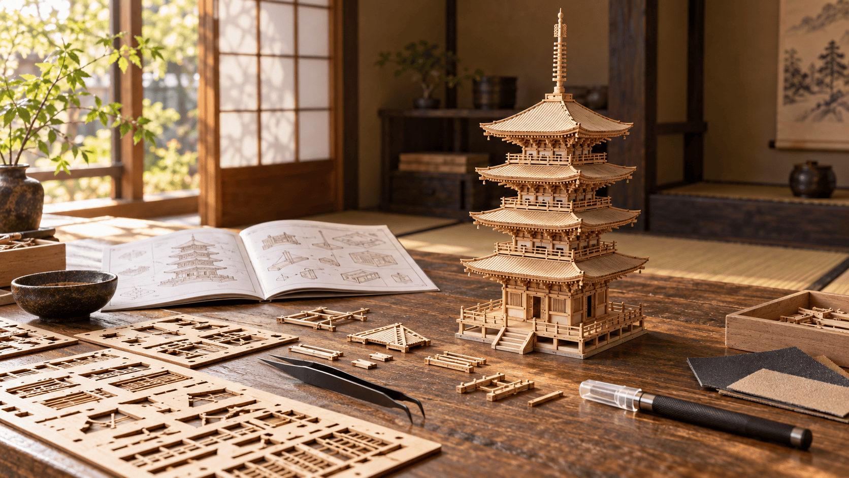 Japanese wooden pagoda model kit and craft tools on a workbench