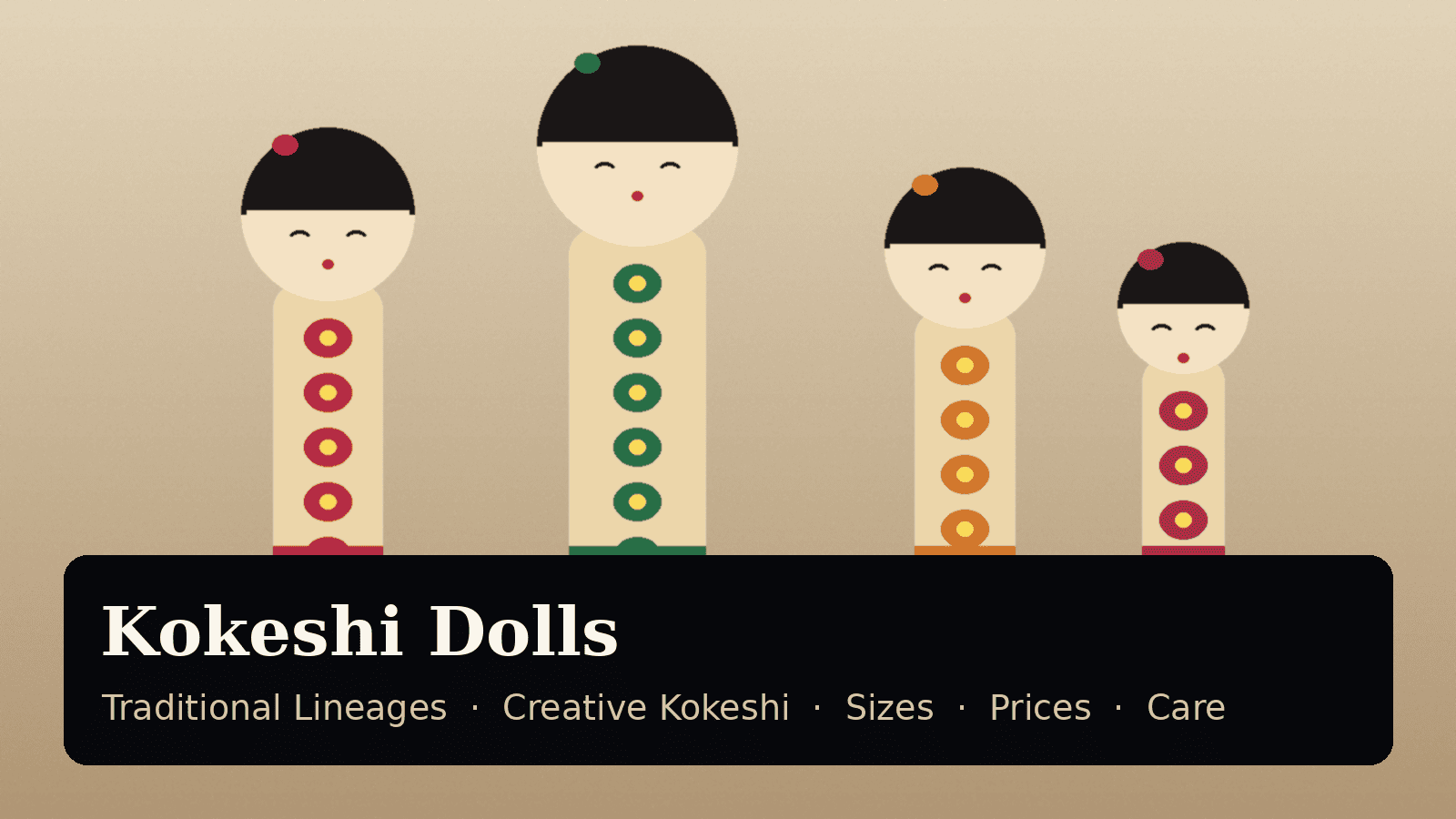 Illustration of four Japanese kokeshi wooden dolls of different heights with black bob hair and painted flower patterns on their bodies