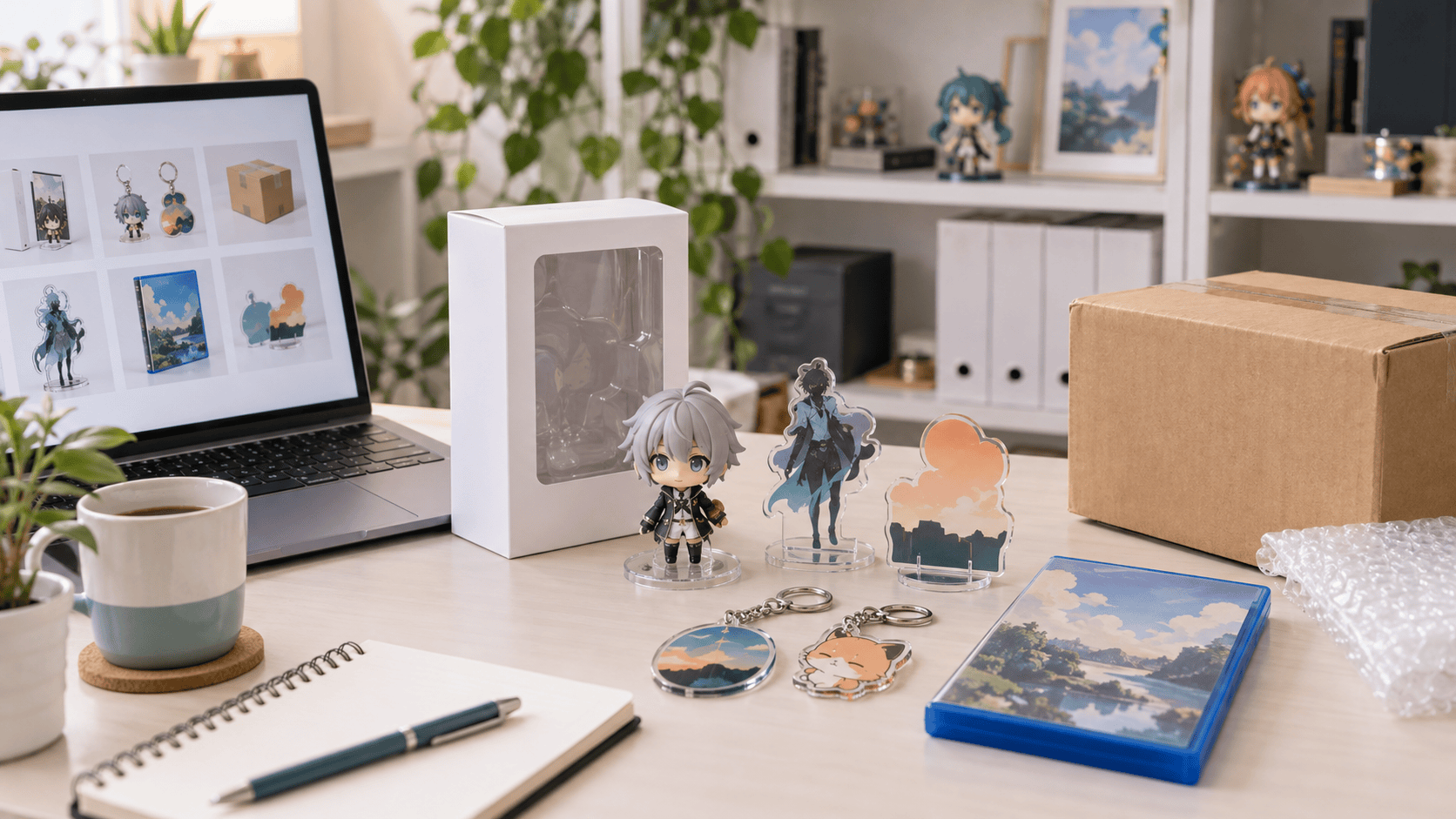Generic pre-owned Japanese anime goods arranged beside an online shop and shipping box