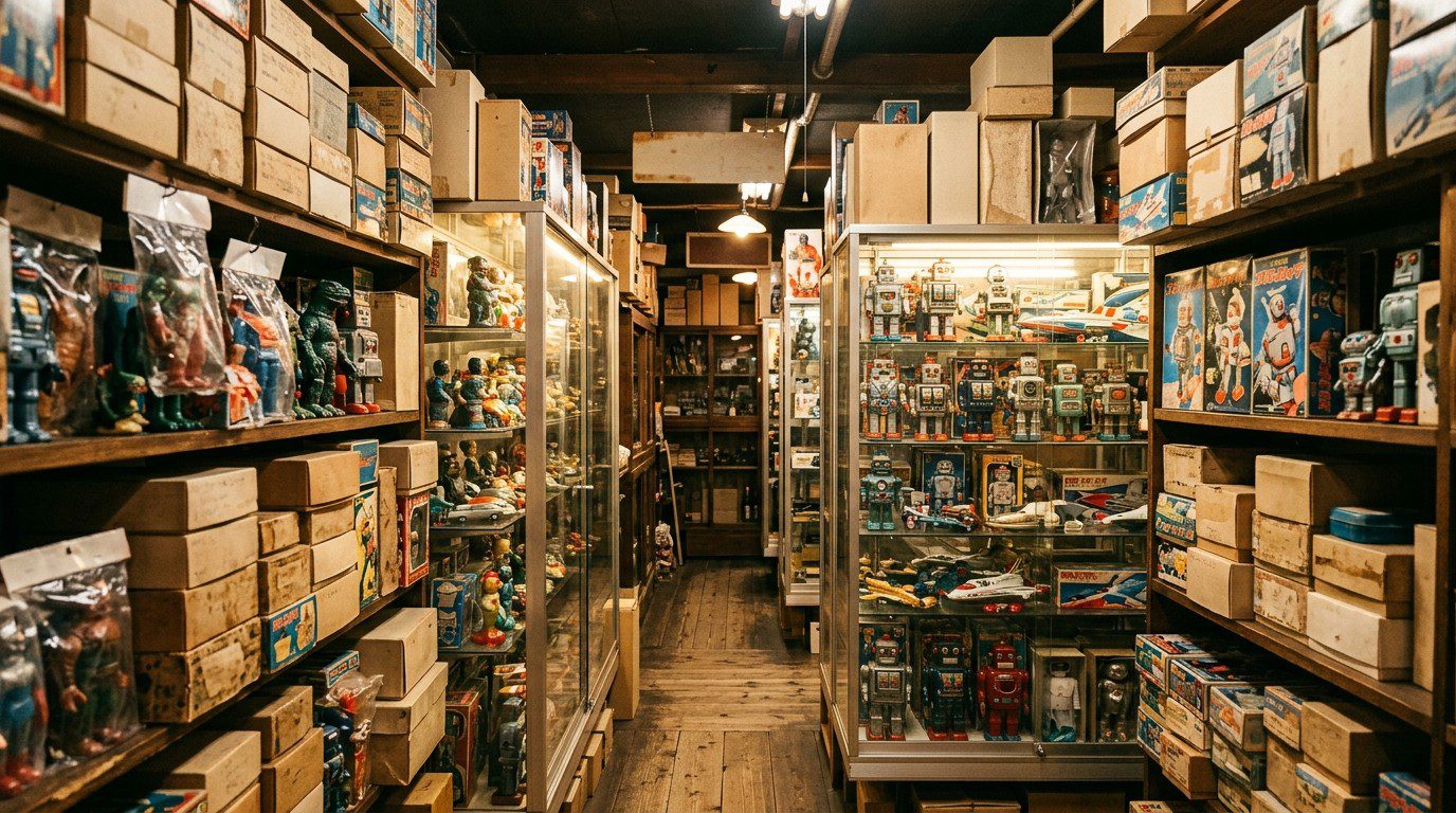 Mandarake shop guide cover: a Japanese vintage collectibles aisle with tin robot toys and boxed figures