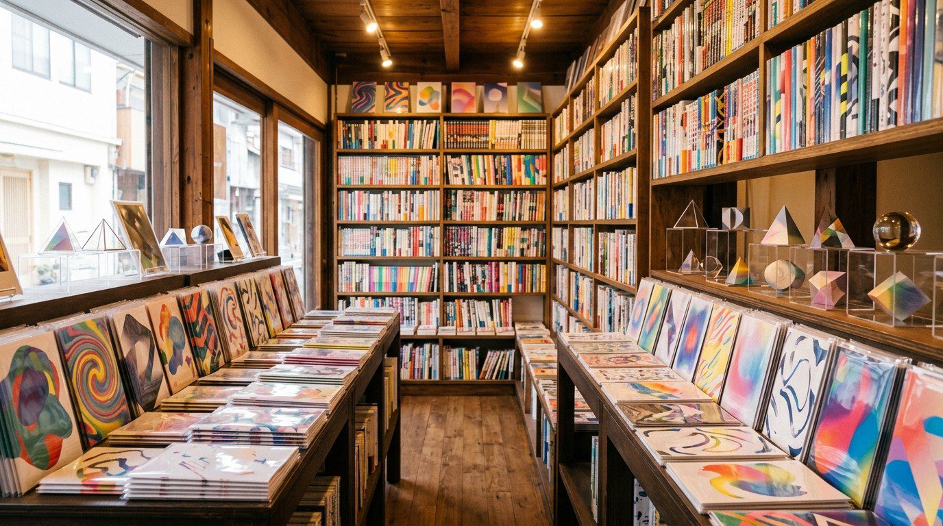 Melonbooks doujinshi guide cover: a Japanese comic shop with tables of self-published booklets and acrylic stands