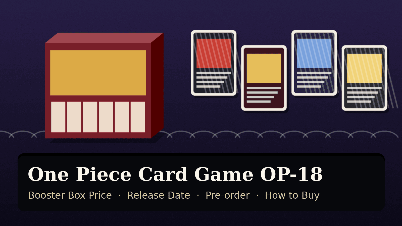 Illustration of a red trading card booster box and four foil cards above stylised waves on a dark purple background