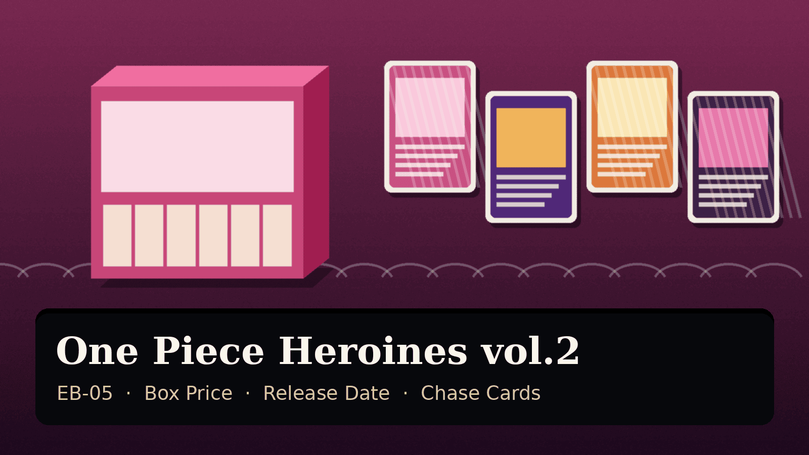 Illustration of a pink trading card booster box next to four foil trading cards on a magenta background
