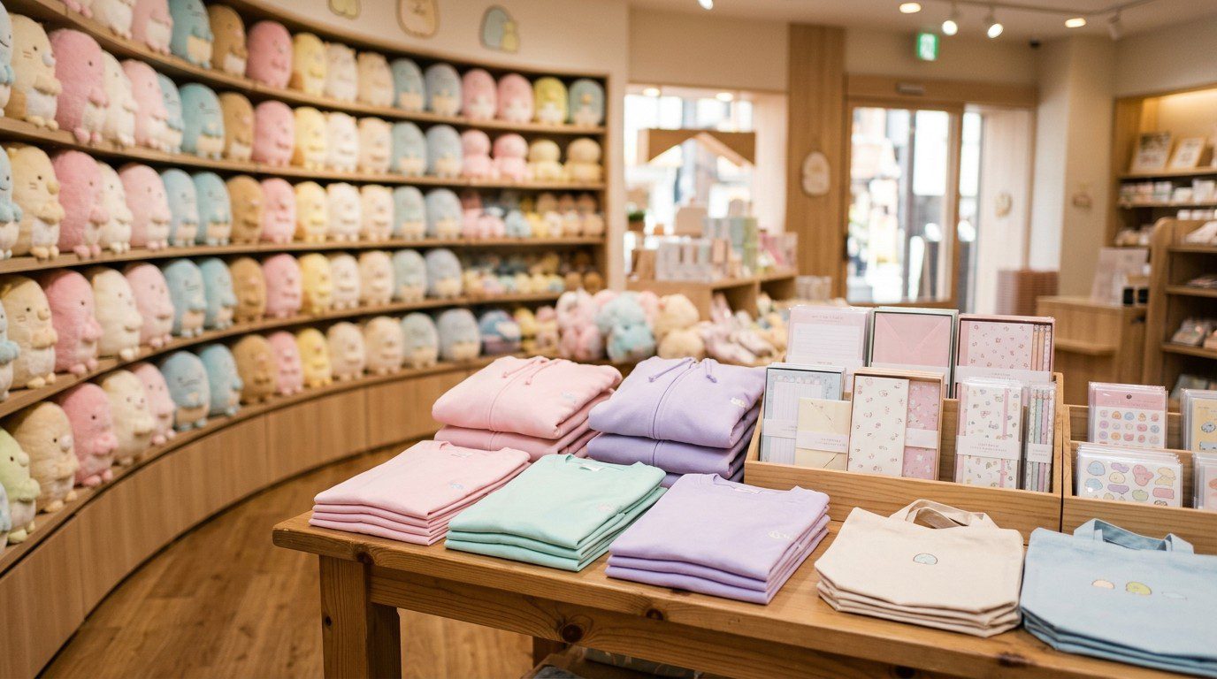 Pokémon Center Japan online guide cover: a character goods shop with pastel plush shelves, folded apparel and stationery