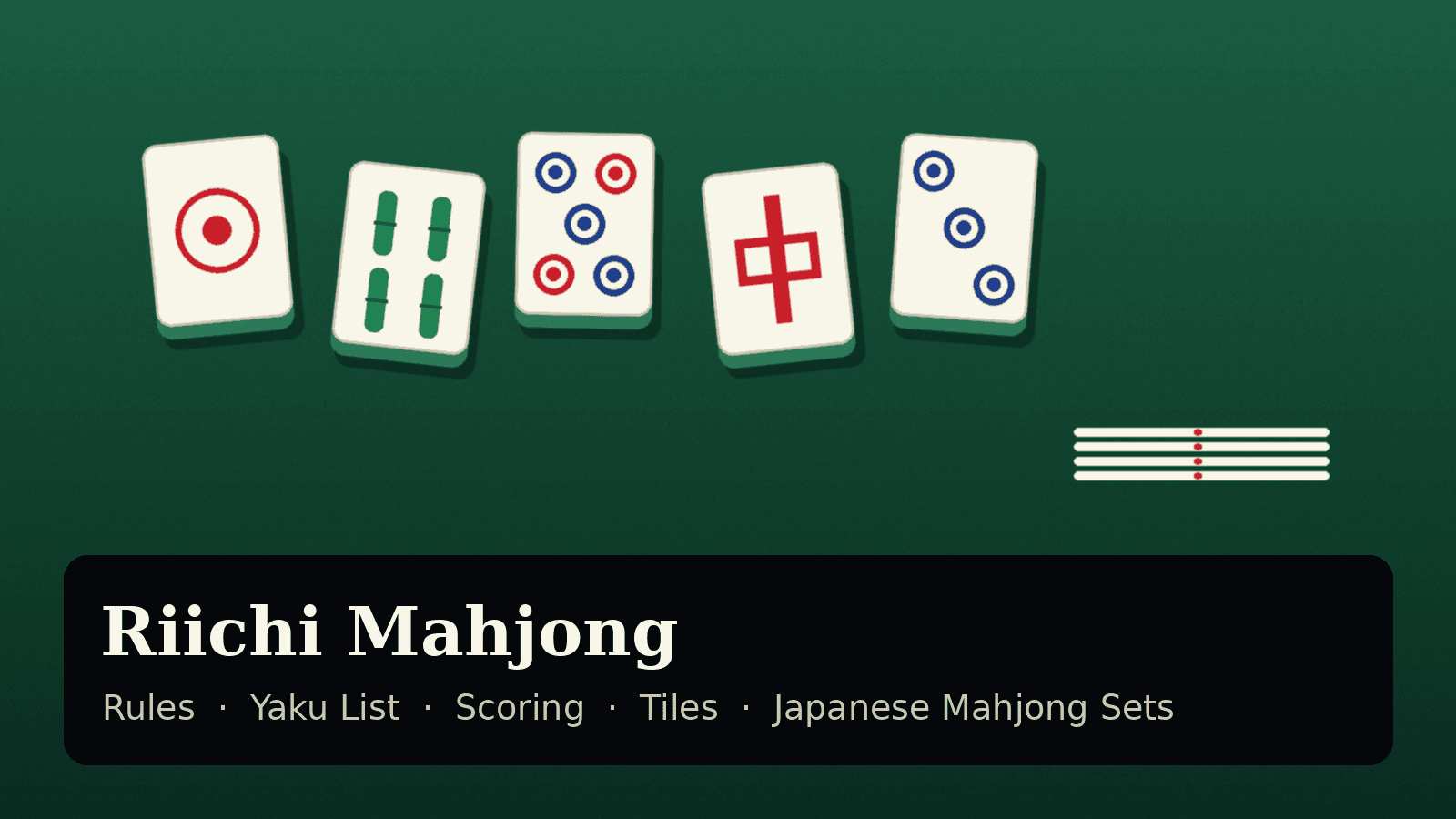 Illustration of five riichi mahjong tiles on a green table: one-pin, four-sou bamboo, five-pin, red dragon and three-pin, with white point sticks