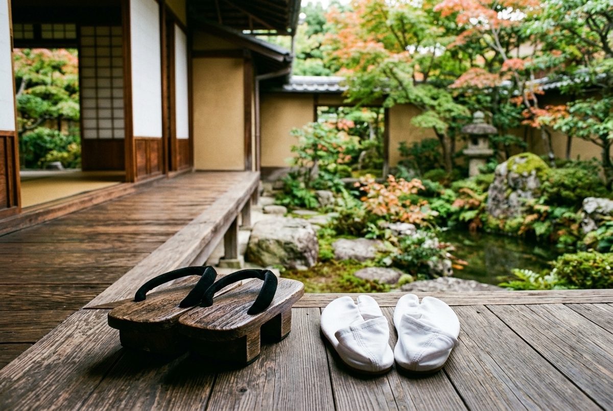 Pair of white split-toe tabi socks next to wooden geta sandals on a traditional Japanese veranda