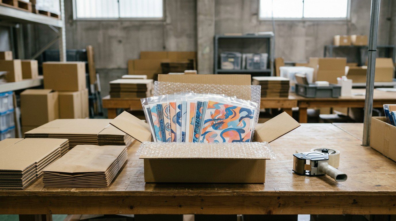 Toranoana doujinshi overseas shipping cover: comic booklets in clear sleeves packed in a box on a warehouse table