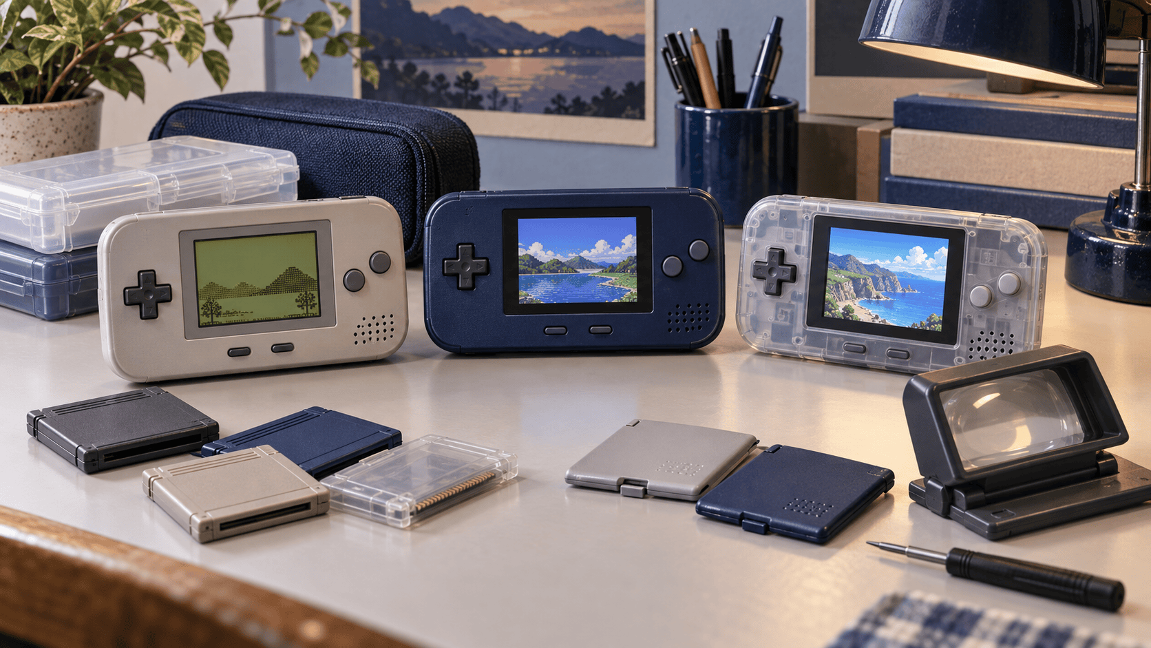 Three generic retro handheld game consoles with cartridges and cases